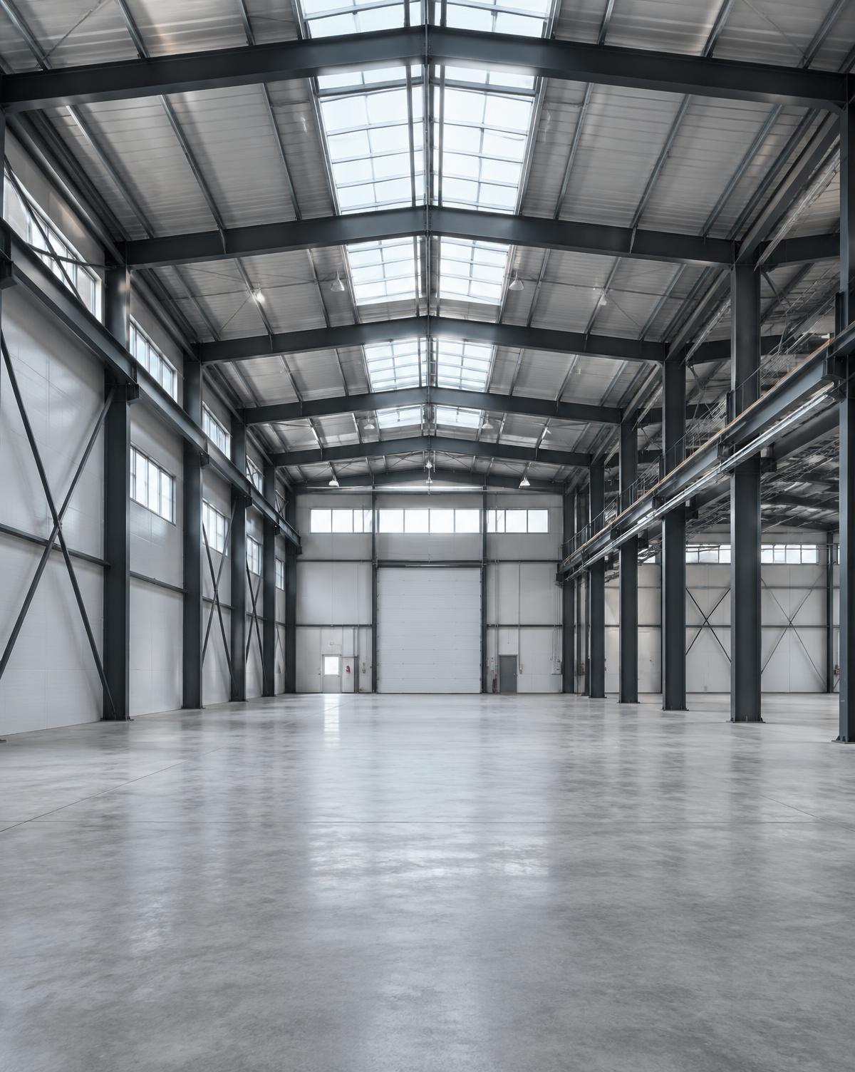 Clean industrial warehouse interior with exposed steel frame