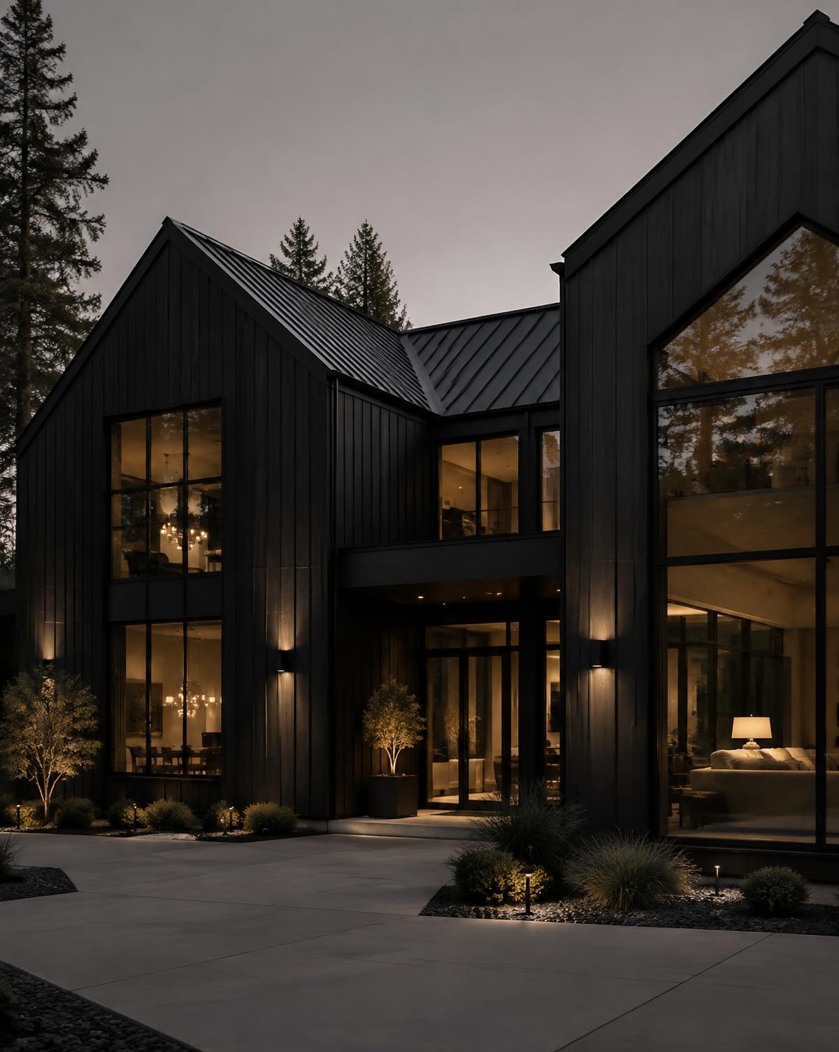 Modern black board-and-batten custom home at dusk